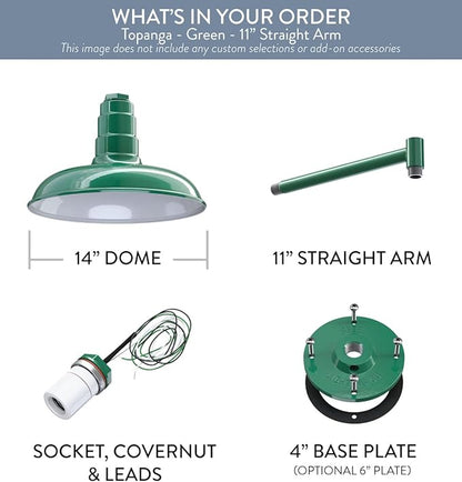 Steel Lighting Co. Topanga Barn Light | Outdoor Wall Mounted | Farmhouse Garage Light Made in America | 14 inch Dome | 11 inch Straight Arm | Green Exterior/White Interior
