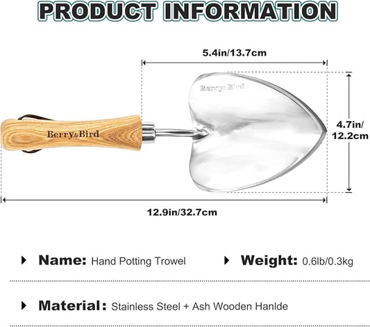 Berry&Bird Potting Trowel, Oversized Garden Hand Shovel with Sharp Blade & Wood Handle, Stainless Steel Gardening Tool for Roots, Planting, Digging, Transplanting, Soil Loosening and Fertilizer Mixing