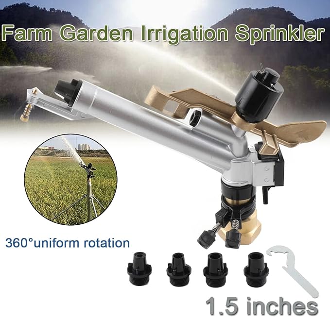 1.5'' Agriculture IrrigationSprinkler Gun Sprinkler Large-Area Irrigation Spray Gun Tool Garden Farm Watering Sprinkler 360° Adjustable Watering for Farms, Orchards, Tea Gardens, Forestry