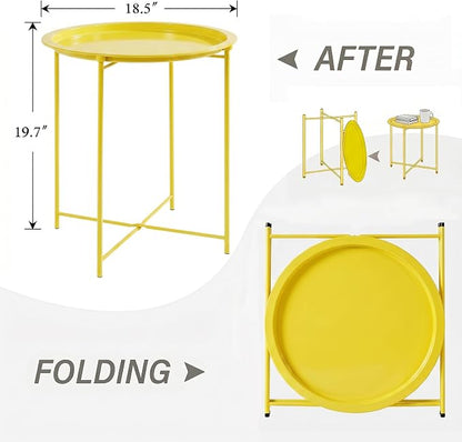 VECELO Side/End Table, Folding Round Metal Anti-Rust and Waterproof Outdoor or Indoor Tray for Living Room Bedroom Balcony and Office, 1 PCS,Yellow