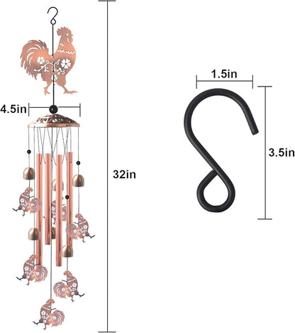 Outside Brass Rooster Wind Chimes – Handcrafted with Deep Melodic Tone, Christmas/Birthday Decor for Garden & Patio Lovers, Unique Housewarming Present for Outdoor Spaces