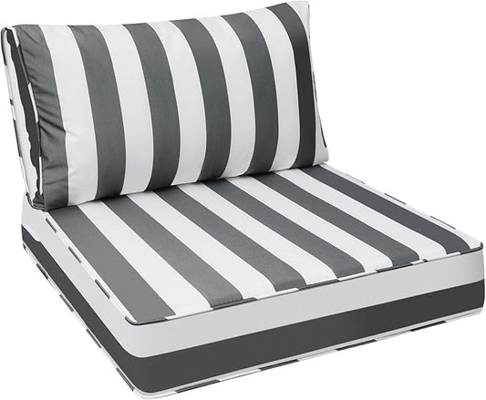 AAAAAcessories Outdoor Seat Cushions for Chairs, Fade-Resistant, Waterproof Patio Furniture Replacement Cushions, 23.5" x 25.5" x 5" + 23.5" x 13.5", Gray Cabana Stripe