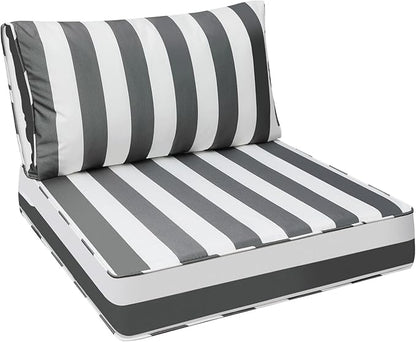 AAAAAcessories Outdoor Seat Cushions for Chairs, Fade-Resistant, Waterproof Patio Furniture Replacement Cushions, 24" x 24" x 5" + 24" x 13.5", Gray Cabana Stripe