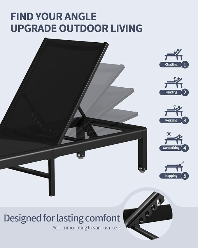 Aluminum Lounge Chairs Outdoor Chaise Furniture,2 Sets Patio Metal Deck Lounger Adjustable 5-Position Poolside Chase Recliner with Wheels for Beach,Coffee Table, (Black, 2 Chairs)