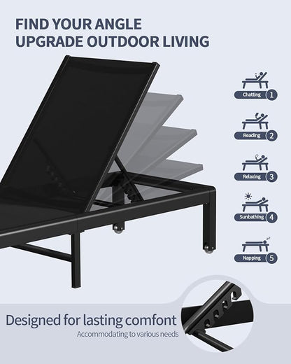 Aluminum Lounge Chairs Outdoor Chaise Furniture,2 Sets Patio Metal Deck Lounger Adjustable 5-Position Poolside Chase Recliner with Wheels for Beach,Coffee Table, (Black, 2 Chairs)