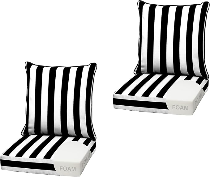 Arden Outdoor Foam Deep Seat Cushion (2-Pack), 22x24, Premium High-Density Foam, Never Flattens, Weather-Proof for Patio Chair Sofa Couch, Black Cabana Stripe