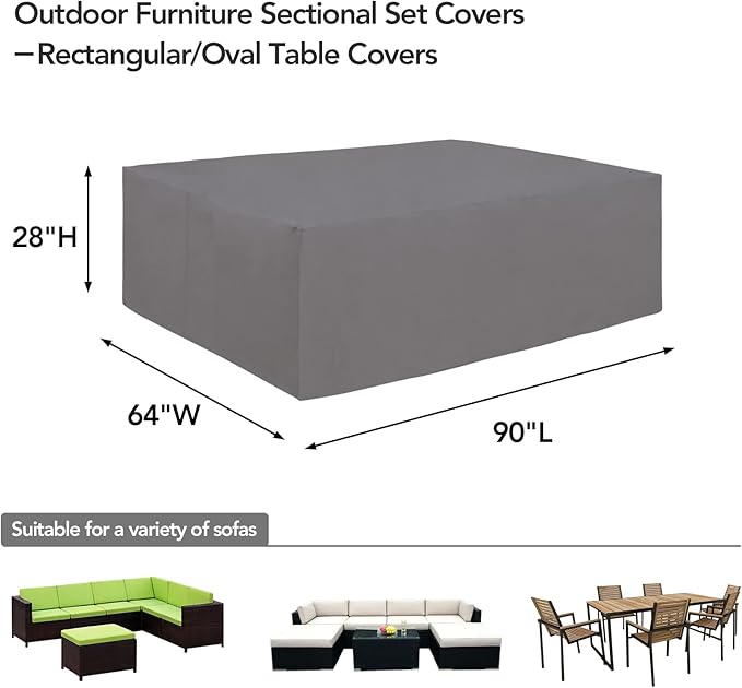 Easy-Going 600D Heavy Duty Patio Furniture Cover, Outdoor Rectangular Table and Chair Set, Waterproof Sectional Set (90"L x 64"W x 28"H, Grey)