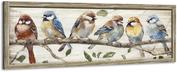 Colorful Bird Wooden Wall Art: Rustic Chickadee Framed Painting Vintage Cute Sparrow Picture Bluebird on Branch Prints Countryside Artwork Decor for Living Room Bedroom Farmhouse