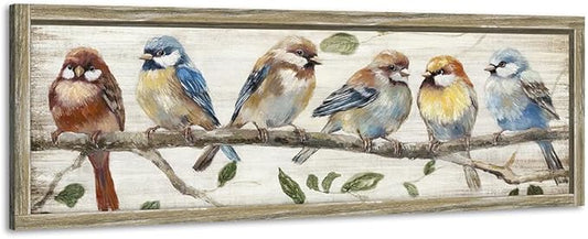 Colorful Bird Wooden Wall Art: Rustic Chickadee Framed Painting Vintage Cute Sparrow Picture Bluebird on Branch Prints Countryside Artwork Decor for Living Room Bedroom Farmhouse