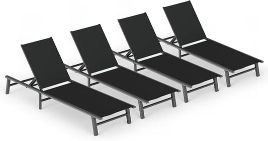 Ciokea Foldable Outdoor Lounge Chair Set of 4, No Assembly Aluminum Chaise Lounge Outdoor with 5-Positions, Aluminum Pool Lounge Chairs with Portable Design for Poolside, Beach, Deck, Patio, Black