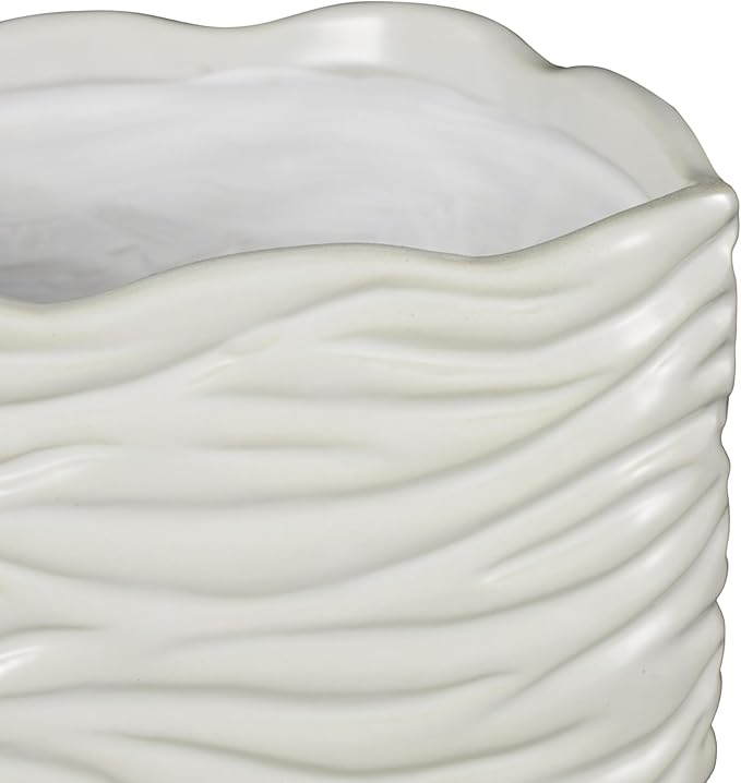 Deco 79 Ceramic Indoor Outdoor Planter Wavy Ribbed Large Planter Pot with Attached Saucer, Set of 3 Planters 7",6",5" H, White