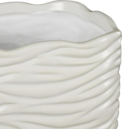 Deco 79 Ceramic Indoor Outdoor Planter Wavy Ribbed Large Planter Pot with Attached Saucer, Set of 3 Planters 7",6",5" H, White