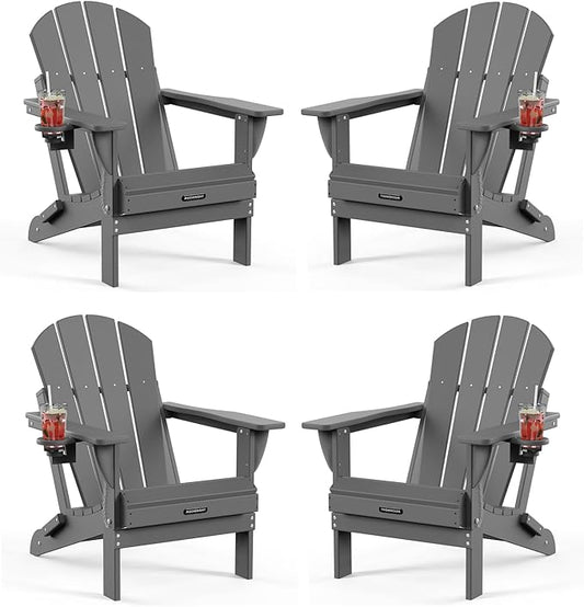 MUCHENGHY Folding Adirondack Chairs HDPE Weather Resistant 4 Pack, Patio Firepit Chairs, Sturdy Outside Chairs, Lawn Chairs, 15min Assembly 380lb Grey