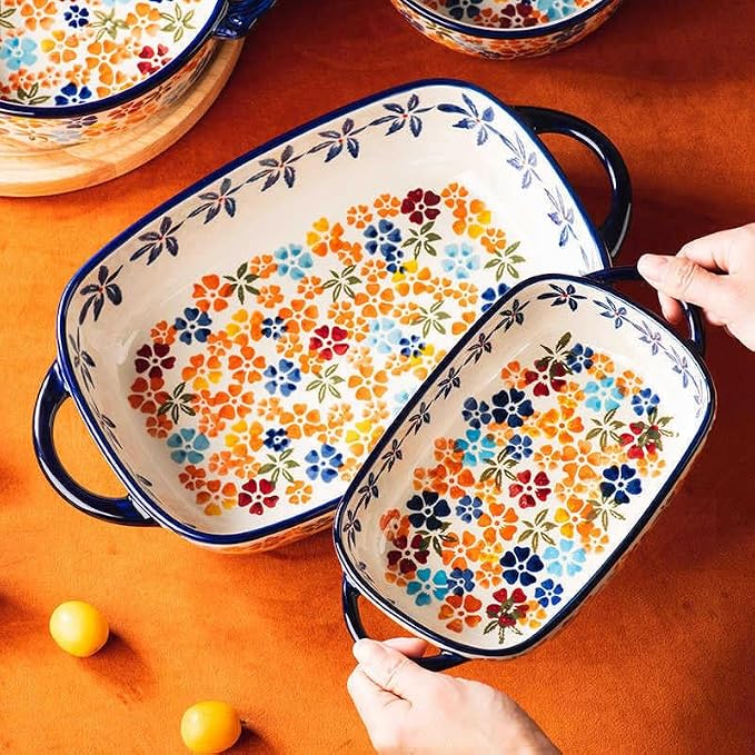 Ceramic Baking Dish with Handles, Hand-painted Polish Pottery Baking Dish Set of 2,Baking Pan Lasagna Pan, Rectangular, Floral Pattern, Oven Safe, 13.22x7.5x2.8 Inch (orange)