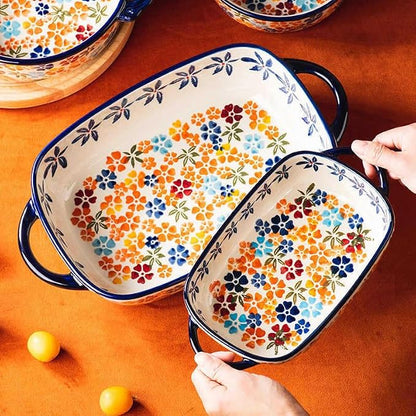 Ceramic Baking Dish with Handles, Hand-painted Polish Pottery Baking Dish Set of 2,Baking Pan Lasagna Pan, Rectangular, Floral Pattern, Oven Safe, 13.22x7.5x2.8 Inch (orange)
