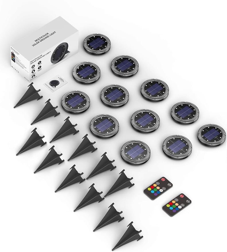 Color Changing Solar Ground Lights with 33ft Long Distance Remote Control - Flat Solar Lights Outdoor Waterproof - Pathway Lights Solar Powered for Yard Decorative Outside Lawn Walkway [12 Pack]