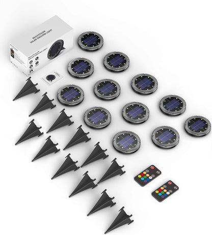 Color Changing Solar Ground Lights with 33ft Long Distance Remote Control - Flat Solar Lights Outdoor Waterproof - Pathway Lights Solar Powered for Yard Decorative Outside Lawn Walkway [12 Pack]