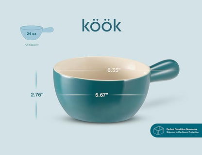 Kook French Onion Soup Crocks, Stackable Ceramic Bowls with Handles, Broil, Oven, Microwave and Dishwasher Safe, for Cereal, Soups, Casseroles, with Handle, 24 Oz, Set of 4, Teal Ombre