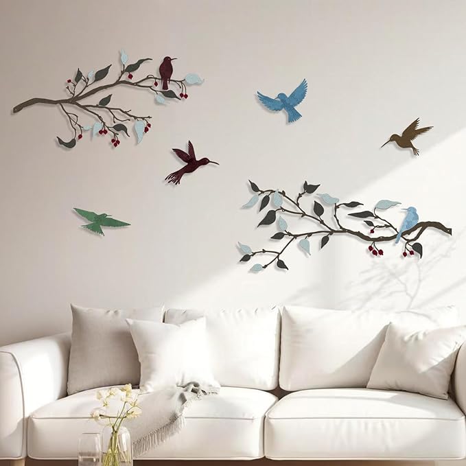 Harikikochuu 4PCS Metal Birds Wall Decor, Birds on the Branch Silhouette Art, Metal Leaves with Bird Outdoor Hanging Wall Sculpture for Home Office Balcony Garden Decor.（Colorful,Hummingbirds）