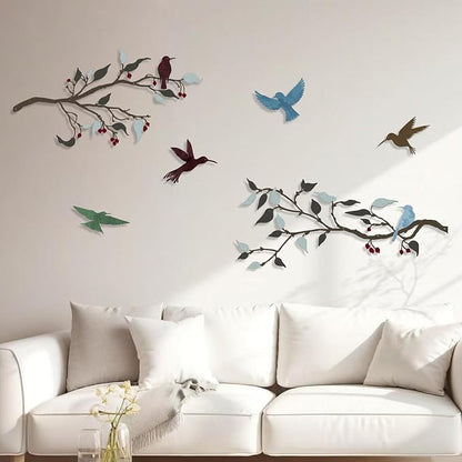 Harikikochuu 4PCS Metal Birds Wall Decor, Birds on the Branch Silhouette Art, Metal Leaves with Bird Outdoor Hanging Wall Sculpture for Home Office Balcony Garden Decor.（Colorful,Hummingbirds）