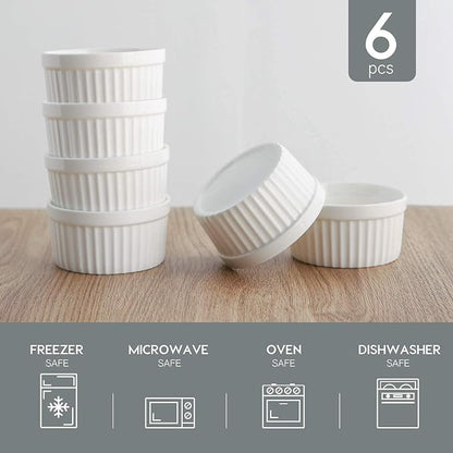 Samsle Porcelain Ramekins 4 oz Oven Safe, Small Souffle Dishes for Creme Brulee, Ice Cream, Dipping and Sauces Cup, Ceramic White Mini Baking Bowls Set of 6