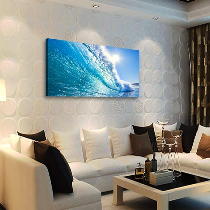 Haichuang Decor Art Ocean Wave Canvas Wall Art, 40x20 Inches Framed Turquoise Sea Wave Wall Decor, Wood Frame Waterproof HD Giclee Print, Ready to Hang Coastal Artwork for Living Room Bathroom Office
