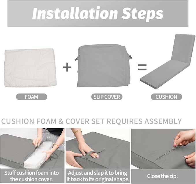 Outdoor Chaise Lounge Cushions for Patio, Lounge Chair Cushions, Waterproof Replacement Seat Pads for Outdoor Furniture (2, Grey, 80"x26"x3")