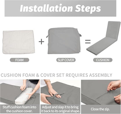 Outdoor Chaise Lounge Cushions for Patio, Lounge Chair Cushions, Waterproof Replacement Seat Pads for Outdoor Furniture (2, Grey, 80"x26"x3")