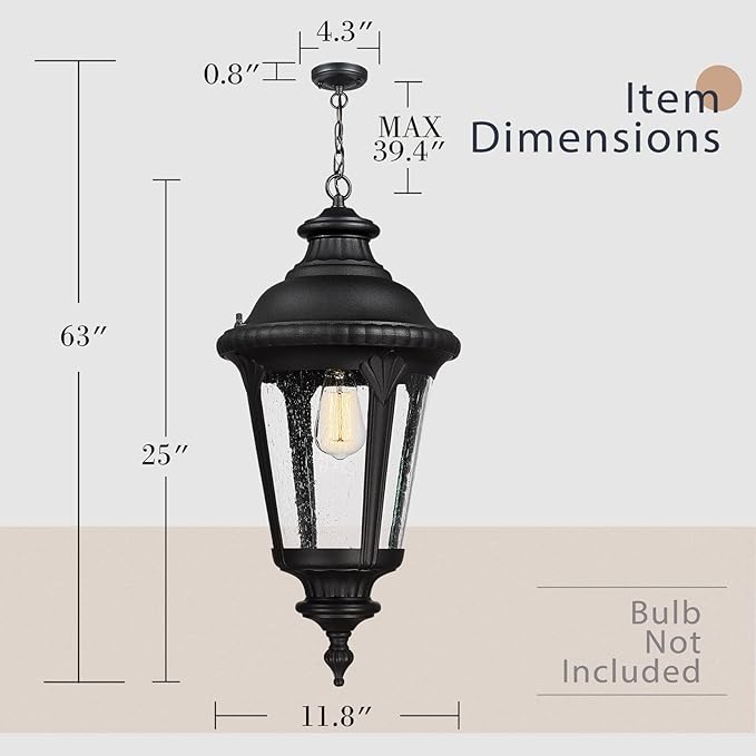 Emliviar Vintage Farmhouse Outdoor Hanging Light Lantern, 25 Inch Large Exterior Pendant Light Ceiling Mount with Seeded Glass, Black Finish, XE265H BK