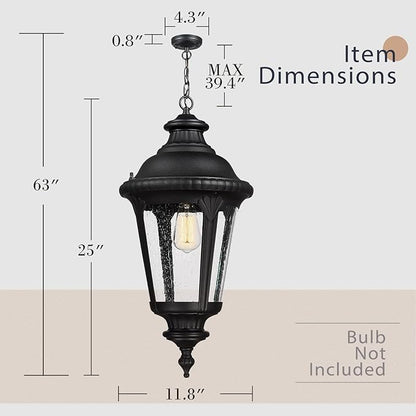 Emliviar Vintage Farmhouse Outdoor Hanging Light Lantern, 25 Inch Large Exterior Pendant Light Ceiling Mount with Seeded Glass, Black Finish, XE265H BK