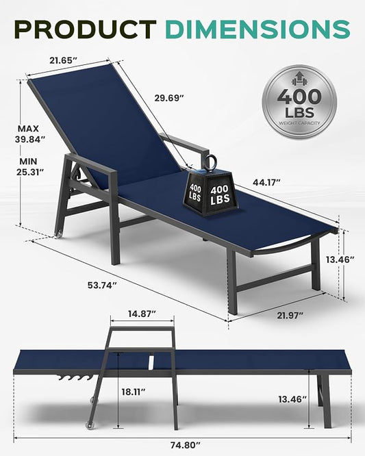 Vexwalx Patio Chaise Lounge Chair Outdoor with Wheels&Armrests, Aluminum Pool Lounge Chairs 5-Position Adjustable Recliner, Outdoor Beach Lounge Chairs for Outside, Patio, Deck, Yard, Navy Blue