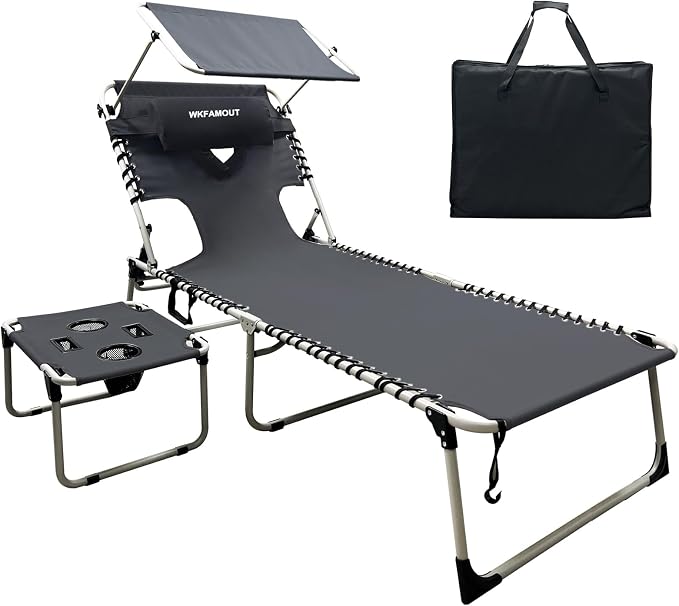 Outdoor Tanning Chair with Sun Canopy Shade & Face Hole, Folding Lounge Chair with Beach Table and Carry Bag for Poolside Sunbathing Lawn