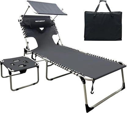 Outdoor Tanning Chair with Sun Canopy Shade & Face Hole, Folding Lounge Chair with Beach Table and Carry Bag for Poolside Sunbathing Lawn