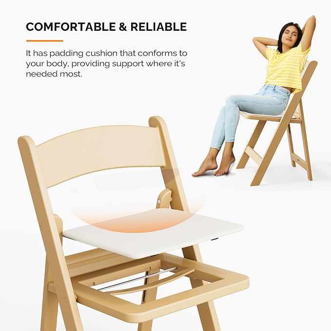 VINGLI Resin Folding Chairs with Cushion, Foldable Plastic Chair with Comfortable Padded Seats, Perfect for Event Party Indoor Outdoor, Natural, 2 PC