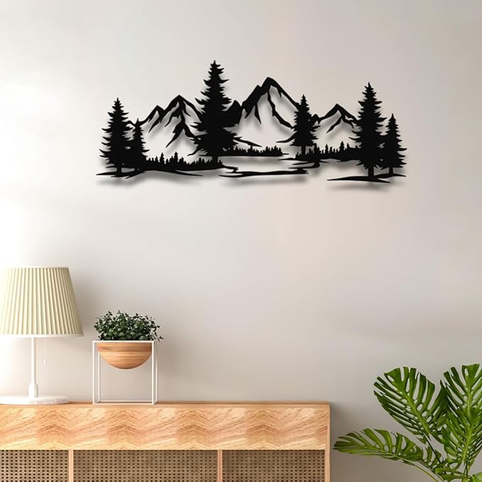 Motomas Mountain and Forest Metal Decor, Wall Mounted Home Decor, Pine Trees and Nature Wall Art for Living Room, Bedroom or Office, Large Outdoor Wall Decor (19"X7" / 47X19CM)