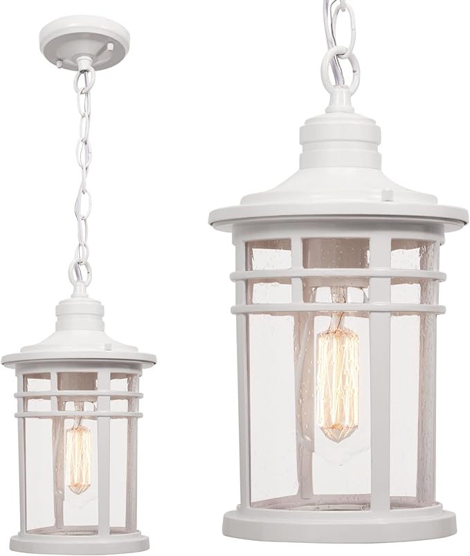 Darkaway Large Outdoor Pendant Lights for Porch, 15inch Outdoor Chandelier Hanging Porch Lights Ceiling Mount Aluminum with Seeded Glass for Front Porch Gazebo Patio (Large, White)