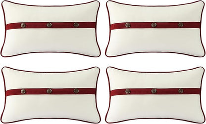 Outdoor Sunbrella Decorative Pillows with Triple Coconut Buttons Pack of 4, 20" x 12" Outdoor Pillow Set for Couch Bed Throw Patio Sofa, Spectrum Eggshell/Spectrum Ruby