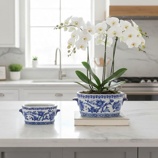 Blue and White Ceramic Planter Pot – Vintage Floral Oval Cachepot Vase for Indoor Plants, Flowers & Succulents – Glazed Chinese Porcelain Style Decorative Bowl – 7.4" or 10.6" Size – No Drainage