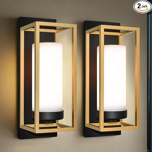 ALVIME Modern Outdoor Wall Light Fixture, 15 Inch 2 Pack Gold Exterior Lighting Fixtures, Waterproof Outdoor Wall Sconce, Porch Outside Lights for House, Garage, Front Door, E26 Base&Etched Opal Glass