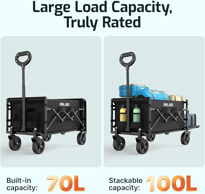 Golabs Collapsible Wagon Cart Max 350lb Load & Expandable Storage 100L, Double Bearing Design for Flexible Steering, Foldable Heavy Duty Garden Cart with 2 Cup Holders for Groceries, Garden & Camping