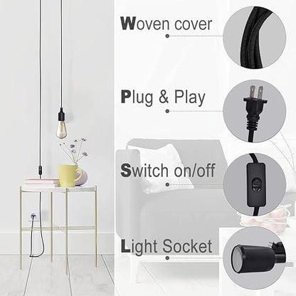 HESSION 2 Pack Plug-in Pendant Light, 16.4Ft Vintage Industrial Edison Light Socket Silica Gel E26/E27 Base, Black Round Hanging Pendant Light Cord, Hanging Lamp Extension Cable with On/Off Switch