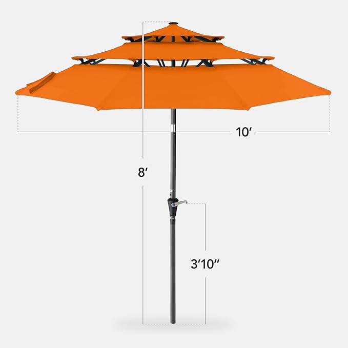 Best Choice Products 10ft 3-Tier Market Patio Umbrella, Outdoor Sun Shade with Tilt, Crank Lift, 8 Ribs for Backyard, Deck, Poolside – Orange