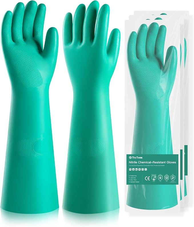 ThxToms Long Nitrile Chemical Resistant Gloves, Reusable Heavy Duty Safety Work Gloves, Acid, Alkali and Oil Protection