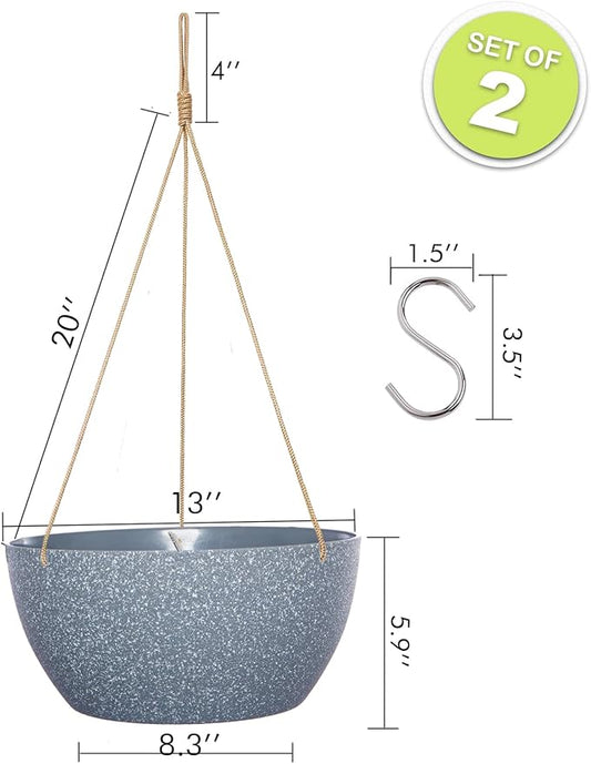 13 Inch 2 Pack Large Hanging Planters for Indoor Outdoor Plants, Plastic Hanging Basket Pots for House Plants Flowers, Grey
