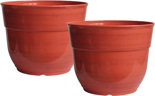 Garden Elements Indoor/Outdoor Glazed Brushed Happy Plastic Planter, Large, Earth Red 15" (Pack of 2)