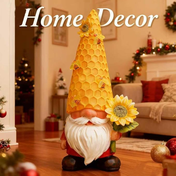 12.3''Garden Gnomes Outdoor Statues Clearance for Garden Decor with Solar Bee Lights,Christmas Decorations Gnomes Outside Decor - Sunflower Gift for Women Mom,Yard Art Ornament for Patio Lawn