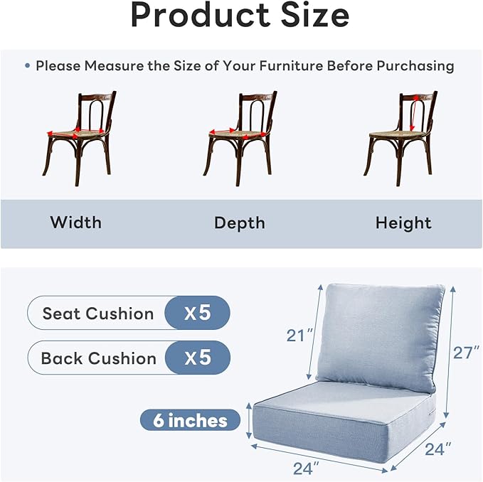 6" Thicker Outdoor Chair Cushion 5 Sets - 24" *24" *6" Waterproof Patio Furniture Cushions with Removable Cover, 28D High Density Sponge Filling Thicken Outdoor Patio Cushions - Baby Blue