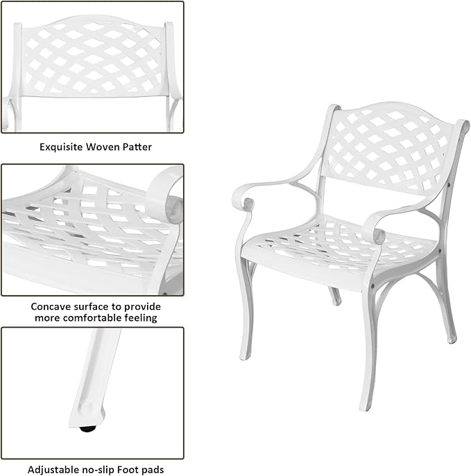 3 Piece Outdoor Dining Set,Cast Aluminum Bistro Set with Umbrella Hole, All Weather Patio Furniture Set, Small Patio Dining Set for Garden/Balcony/Deck, White