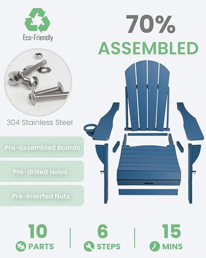 Ciokea Folding Adirondack Chair 2 Pack, Patio Adirondack Chair Weather Resistant, Plastic Fire Pit Chair with Cup Holder, Lawn Chair for Outdoor Porch Garden Backyard Deck (Royal Blue)