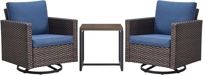 Rilyson Outdoor Patio Swivel Rocker Chairs - 3 Piece Wicker Patio Furniture Bistro Swivel Rocking Chairs Set with Comfortable Cushions,Sturdy Metal Frame and Side Table for Porch Deck(Brown/Blue)